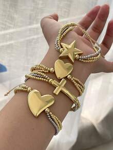1pc Valentine's Day Creative Fashion Elegant Exquisite Gorgeous Light Luxury Copper Heart Pentagram Cross Multi-Layer Beaded Mixed-Color Braided Bracelet For Women Sisters Couples Delicate Jewelry Gift, Suitable For Summer Daily Dates Parties Holidays Gifting Vacation Wear Adjustable Size Wristband - Gold - View 4