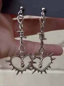 一对哥特式心形耳环，铁丝心形耳环，哥特式荆棘耳环，铁丝爱心耳环，Emo哥特风酷炫摇滚纹身个性耳环 - 耳環 - 查看 1