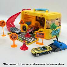 1 Set Handheld Bus Storage Playset, Includes Track & 3 Alloy Cars, Educational Preschool Toy For 3-6 Years Old Children - 2 Color Options [Car Model Colors Randomly Assorted] - Storage Bus + 3 Vehicles - View 9