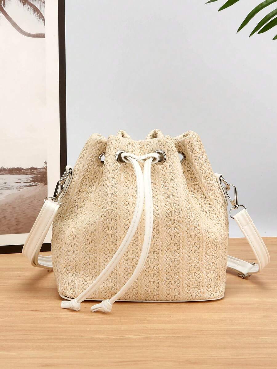1 chiếc túi đeo chéo bằng rơm kiểu dáng mới mùa xuân/hè, túi đeo vai mini thời trang có dây rút, thích hợp cho đi biển, đi làm, mua sắm.