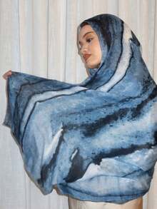1件装女士休闲水彩头巾/围巾，波西米亚蓝色大理石纹图案，适合搭配阿巴雅长袍，休闲购物穿着。 - 藏蓝色 - 查看 3