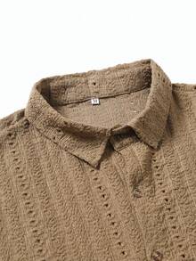 男士短袖衬衫，商务休闲，夏季新款，纯棕色镂空 - 棕色 - 查看 4