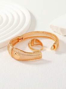 2pcs Rose Gold Plated Grid Flower Bangle & Ring Set, Heart Matte Textured Bracelet & Ring Jewelry Set, Daily Stacking, Ideal Gift For Ramadan - Rose Gold - View 2