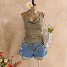 Fashionable Solid Color Sexy Fitted Backless Knit Camisole Top, Suitable For Valentine's Day, Casual Daily Wear, Party - Green - View 1