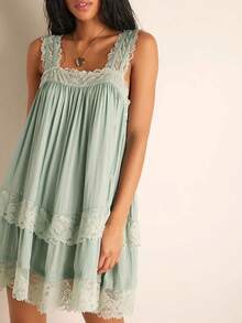 Women Tank Mini Dress Casual Summer Lace Patchwork Square Neck Party Dress For Beach Club Streetwear - Green - View 3