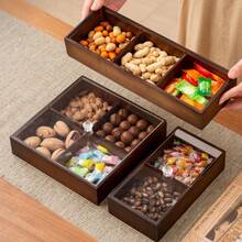1 Set Bamboo Wood Material Snack Plate With Lid, Suitable For Nuts, Snacks, Cookies, Party And Daily Use - Walnut Color Grid With Cover - View 1