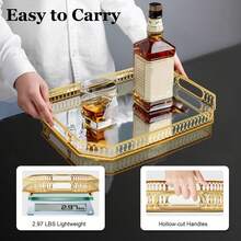 YUNRUX 25x35cm托盘镜面托盘石头金属装饰托盘蜡烛收纳整理器，金色，八角形镜面托盘适用于生日、婚礼、母亲节返校宿舍收纳 - 金色 - 查看 5