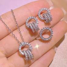 1pc Necklace, 1pc Ring, 1 Pair Earrings Luxury Elegant Interlocking Jewelry Set - Silver - View 8