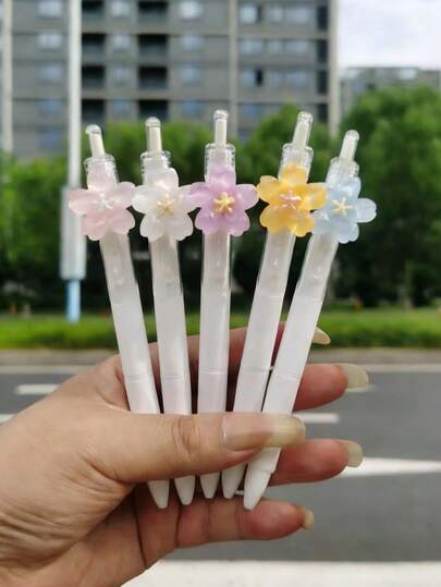 5pcs Cute Sakura Flower Retractable Quick-Drying Neutral Pens, Tulip Tip Suitable For Studying, Floral Design