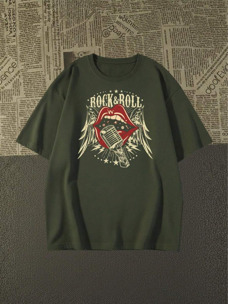Premium Cotton Rock And Roll T-Shirt With Exclusive Language 2026 - 墨綠色 - 查看 1