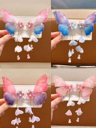 2个春季新款高端蝴蝶流苏发夹，可爱女孩发饰，适合日常外出、拍照等场合