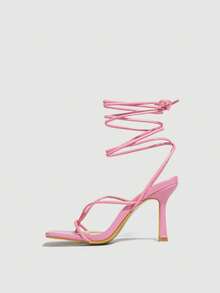 女士经典绑带高跟凉鞋，露趾交叉绑带性感派对沙滩鞋，方头罗马风粉色凉鞋 - 粉色 - 查看 4