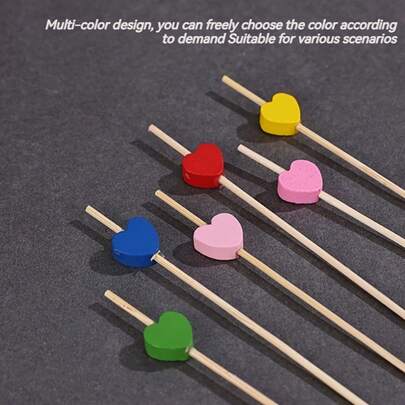 50支艺术竹制水果签，一次性木制鸡尾酒装饰，带有心形和梅花图案