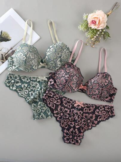 Bộ 2/4 món áo ngực không gọng viền ren hoa thanh lịch, đồ lót nữ gợi cảm với nơ trang trí.