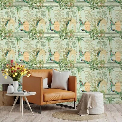 1卷 45x200厘米/45x300厘米/45x500厘米 复古孔雀图案自粘壁纸，易于粘贴和移除，适用于家居墙面、瓷砖、家具、宿舍、酒吧、餐厅等场所。