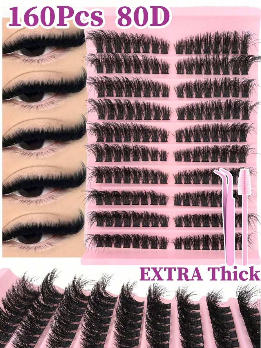 160片独立睫毛簇，80D D型卷翘，8-16毫米，DIY单根睫毛嫁接套装，超浓密、蓬松、自然，可重复使用，适合居家、外出、日常生活、婚礼、约会、派对、音乐节和旅行等场合。 - D - 查看 1