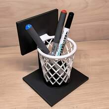 1pc 3D Printed Basketball Hoop Pen Holder - Creative Desktop Organizer, Black Base With White Grid Design. Suitable As A Gift For Home, School Or Office. Space-Saving Decorative Accessory. - Black and White - View 5