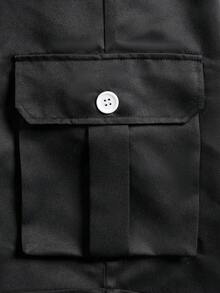 Men's Black Pleated Cargo Shorts, Button Waist Cuffed Multi-Pocket Streetwear - Black - View 7