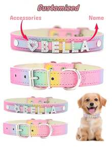 Personalized Dog Collar, PU Leather Small Dog Cat ID Collar With Rhinestone Heart & Star Decor, Suitable For Small/Medium/Large Dogs - Multicolor - View 8