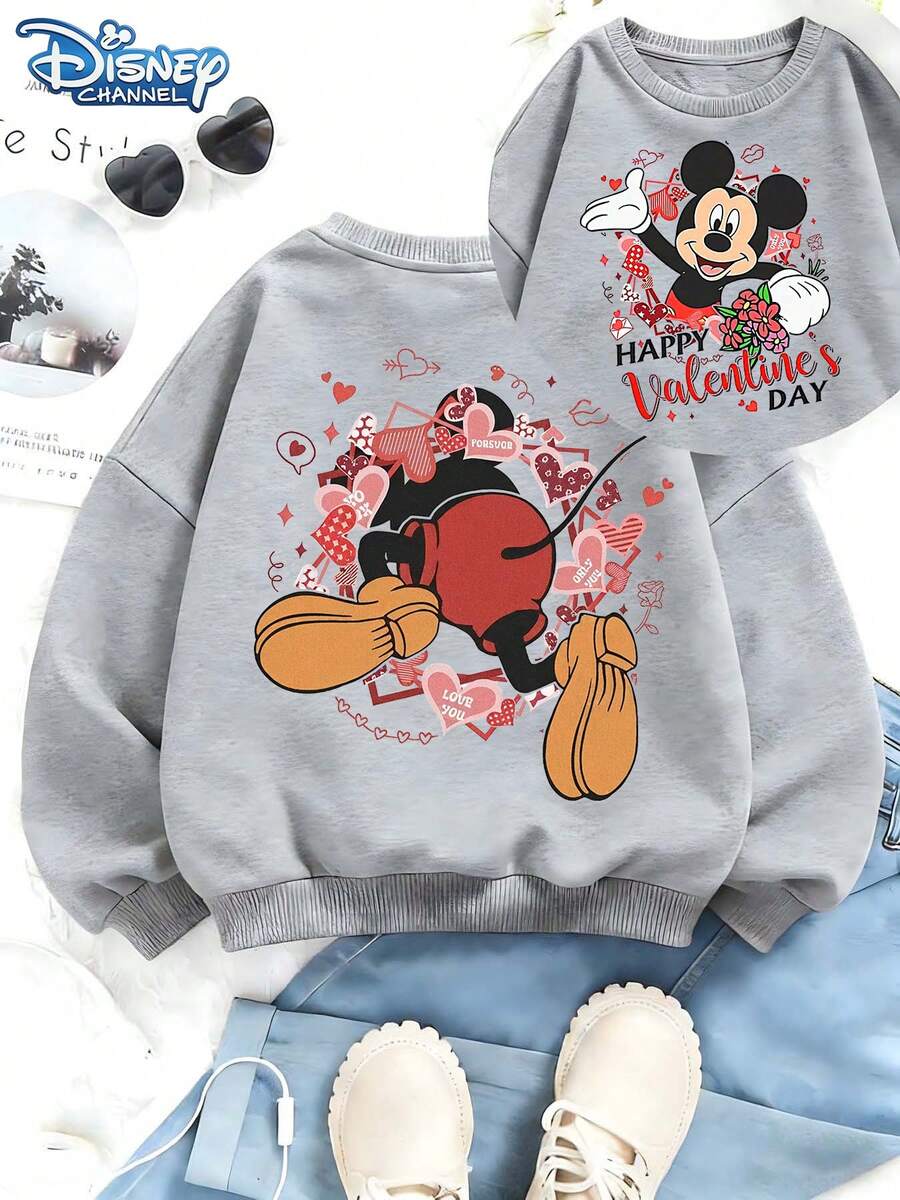 This Disney Sweatshirt Features A Classic Mickey Mouse Design Combined With Heart Motifs And A Sweet Holiday Atmosphere, Adorned With Love Letter Patterns For A Playful And Lively Style. Made From Soft And Warm Fabric, It's Suitable For Everyday Wear, Family Outings, And Various Other Occasions. - Xám - Xem 1