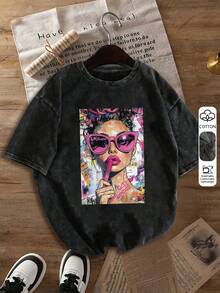 Áo thun nữ tay ngắn bằng vải cotton đã qua xử lý. Thiết kế đồ họa nghệ thuật Pop Art nổi bật, dáng rộng, phong cách retro. Phong cách đường phố Y2K. Một chiếc áo nữ phong cách Y2K thời trang và đa năng, phù hợp cho việc đi lại hàng ngày. Dáng áo đường phố thông thường, áo thun đồ họa punk thời trang dáng rộng độc đáo, áo tay ngắn có thể giặt máy. - màu đen - Xem 3