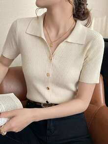 Camiseta de punto con cuello polo y mangas raglán cortas para mujer, ligera y versátil, ideal para primavera/verano - Albaricoque - Ver 2