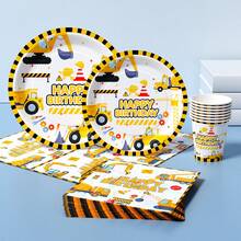 工程车主题生日快乐一次性餐盘、餐巾纸、杯子套装，包含餐盘、餐巾纸和杯子，适合8位客人使用，一次性纸盘，派对餐具，适用于生日、婚礼、主题派对、家庭野餐等场合。 - 彩色 - 查看 3
