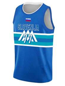 男士刺绣篮球服 77 蓝色休闲无袖背心 V 领 T 恤 派对运动上衣 - 藍色 - 查看 2