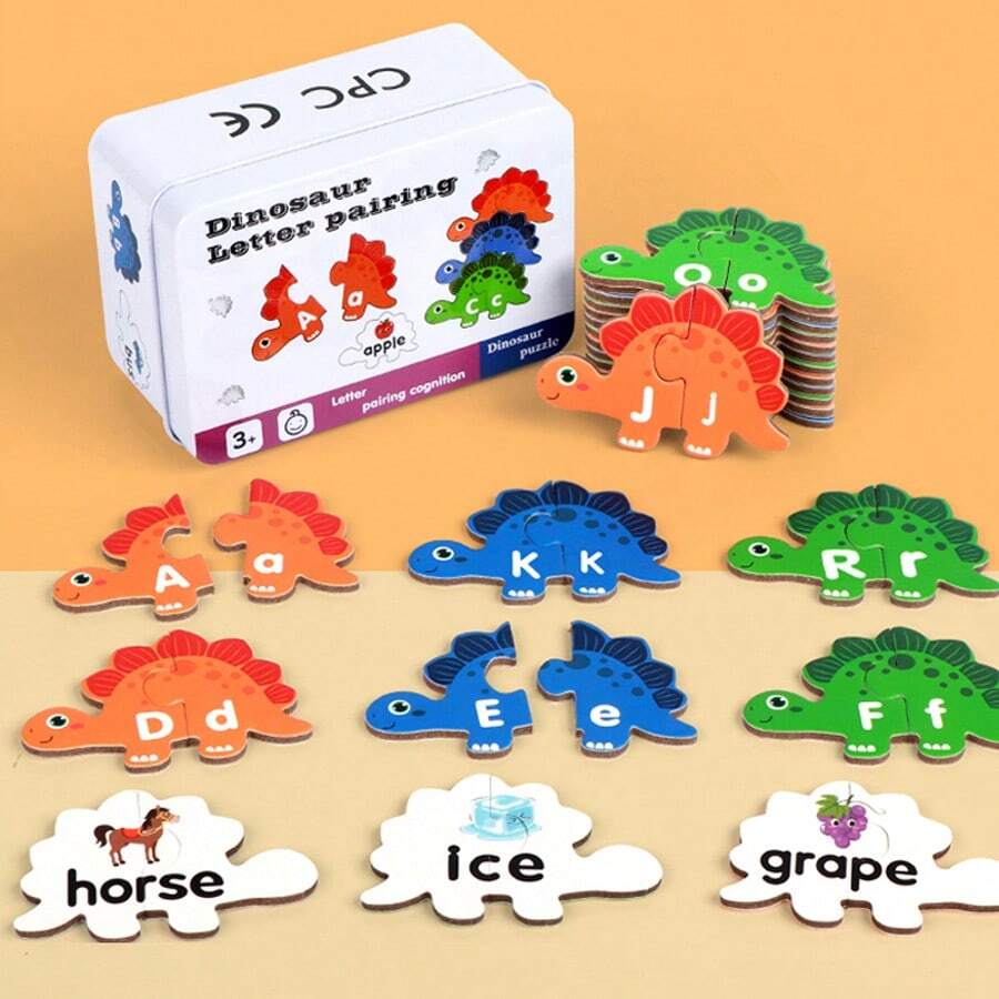Children's Letter Matching Puzzle Game Toy, Dinosaur Shaped Letter Recognition Word Matching Family Early Education Interactive Game Toy, Metal Tin Pocket Letter Matching Puzzle, Suitable For Boys And Girls Travel Game Toys, Letter And Word Enlightenment Game Toy