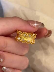 1pc Minimalist Chic Openable Gold-Plated Ring, Elegantly Embedded Cubic Zirconia Charm Ring, Suitable For Bride, Engagement, Wedding, Girlfriend Birthday, Date Gift - Yellow Gold - View 3