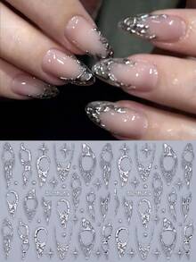 2片银色浮雕5D不对称线条星形图案Y2K风格银色闪光哥特式浮雕美甲贴纸，DIY美甲配件，美甲沙龙用品 - 銀色 - 查看 2