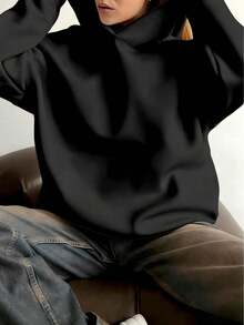 简约设计女士宽松长袖套头卫衣，适合秋季、冬季、春季穿着，也可作为万圣节服装、休闲外套，黑色，时尚女式卫衣 - 黑色 - 查看 3
