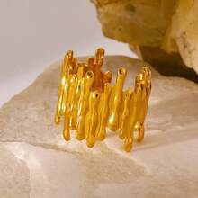 COINBUFF 1pc Fashionable Personalized Lava Line Stainless Steel Gold Plated Adjustable Non-Fading Ring, Suitable For Daily Wear And Holiday Gifts - Yellow Gold - View 4