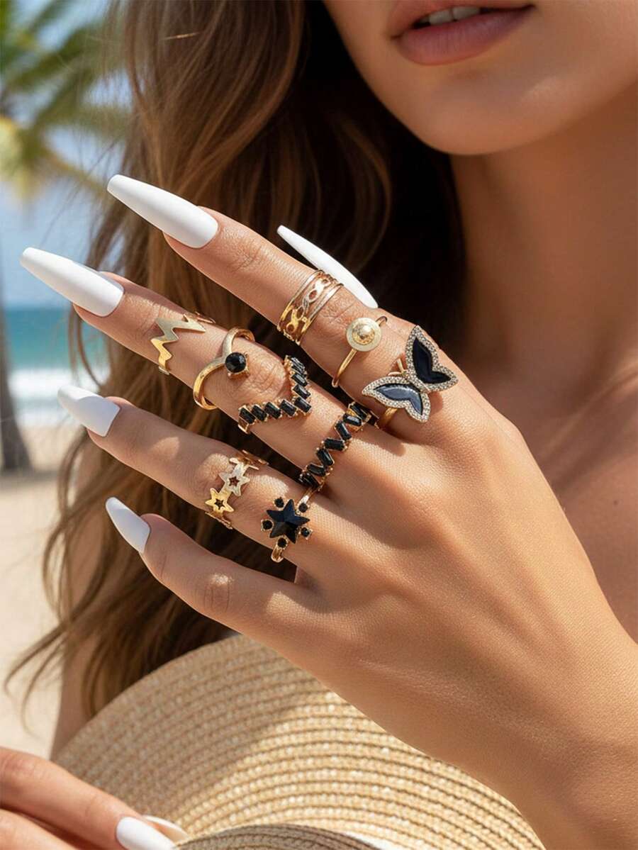 imoli 9pcs Simple & Elegant Alloy Butterfly & Star Design Open Ring Set With Rhinestone & Oil Drop Detail For Women, Great Gift For Dating (artificial Oil Dropping Color Adjustment, Slight Color Difference Among Batches)