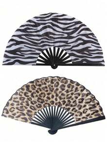 Elegant Leopard Print Folding Fan With Black Frame - Stylish Princess Theme, Lightweight & Portable For Women, Portable Fan|Princess Theme Fan|Lightweight Fan(Without A Fan Cover) - Multicolor - View 3