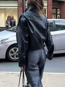 Fashionable Casual Women Long Sleeve High Collar Loose Motorcycle Style Top, 2026 Street Style / Women's Valentine's Day Outfit - Black - View 8