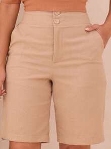 Versatile Women's Linen Bermuda Shorts With Pockets And Functional Buttons - 裸體 - 查看 5
