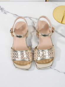 Girls' High-End Fashion Elegant Party Dress Sandals, Solid Color Open Toe High Heel Sandals, Breathable & Lightweight Formal Shoes, Mesh With Beaded Design, Suitable For Party, Performance, Banquet, Wedding, Square Toe High Heel Sandals - Gold - View 3