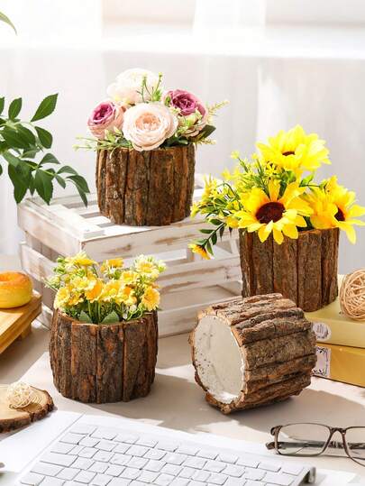 1pc Wooden Vase For Centerpieces Wooden Flower Vase Rustic Bark Stump Buckets Vintage Wood Planter Pots For Garden Ornaments,Woodland Party Wedding Window Home Farmhouse Table Decor, Home Decoration, Wedding Centerpiece, Vintage Style, Woodland Theme, Wood