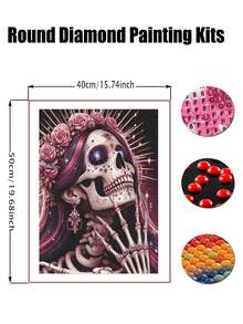骷髅女人钻石画套装，成人款，全钻钻石点画，适合初学者，圆形5D钻石画，宝石艺术绘画套装，DIY工艺品 - 彩色 - 查看 9