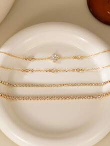 4pcs Cubic Zirconia Four-Leaf Clover Decor Bracelet Set, Stackable Crystal Chain Bracelet Suitable For Women Daily, Party, Banquet Wear, Holiday Gift - Yellow Gold - View 4