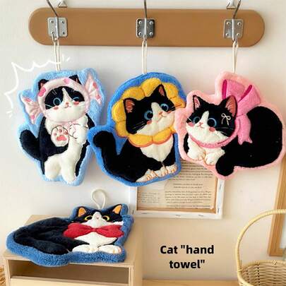 1 chiếc khăn tay hình mèo dễ thương, thấm hút tốt, mềm mại, thiết kế dọc tiết kiệm không gian, phù hợp trang trí phòng tắm và nhà bếp, màu sắc tươi sáng, có thể dùng làm khăn trang trí phòng tắm/nhà bếp hoặc khăn lau bếp.