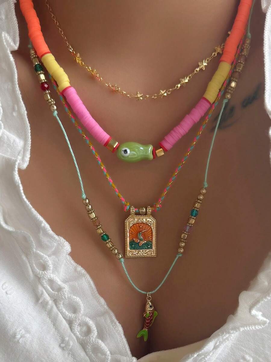 Bộ 4 dây chuyền hình cá biển phong cách Bohemian bằng đất sét mềm, có thể xếp chồng nhiều lớp, phù hợp cho phụ nữ đeo trong các bữa tiệc bãi biển, tụ họp hoặc mọi mùa. - Nhiều màu - Xem 1