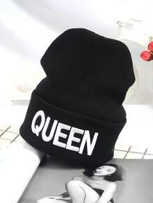 绣有国王和王后图案的针织帽，男女皆宜的冬季针织帽，欧美情侣款卷边宽松帽，畅销保暖帽 - 黑色 - 查看 4