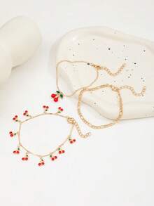3pcs/Set Fashionable Charming Red Cherry Anklet, Adjustable Chain Bracelet Jewelry, Beach Party Gift For Women - Yellow Gold - View 6