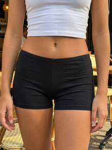 Shorts cortos de mujer de unicolor, con cintura elástica, ajuste ceñido y delgado, shorts de estar en casa - Negro - Ver 3