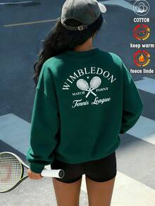 Áo nỉ dài tay cổ tròn dáng rộng in chữ dành cho nữ, bộ sưu tập Xuân/Hè 2026. Họa tiết vợt tennis kết hợp với chữ cái tiếng Anh, ngọt ngào và đa năng. Thích hợp cho đi làm, công sở, thường ngày, du lịch, mùa tựu trường. Phong cách đường phố, tiệc Y2K, nghỉ mát, bãi biển, ở nhà, du lịch, sản phẩm unisex. - màu xanh lá - Xem 2