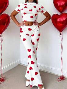 LOVE JOYY Women's Red Heart Print Two Pieces Set: A White Set Featuring A Cropped Top And Flared Pants, Perfect For Summer, Valentine's Day, Dates, And Parties - Grey - View 1