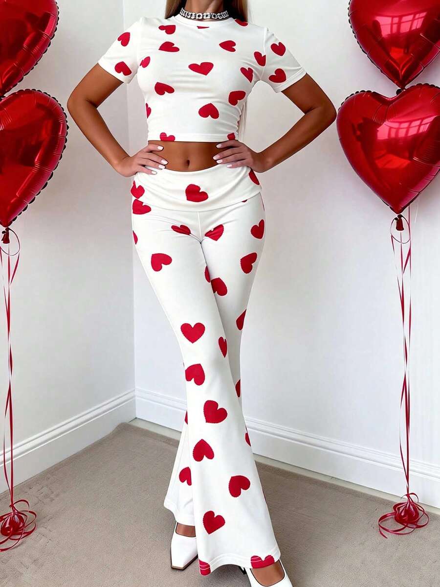 LOVE JOYY Women's Red Heart Print Two Pieces Set: A White Set Featuring A Cropped Top And Flared Pants, Perfect For Summer, Valentine's Day, Dates, And Parties - Grey - View 1