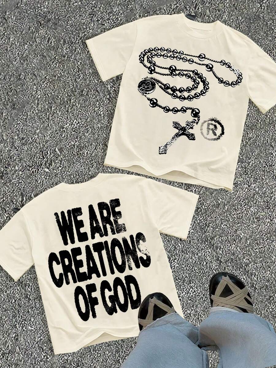 Y2K High - Street Religious - Themed Tee With 'We Are Creations Of God' Slogan (220g Cotton T-Shirt) Printed T-Shirts, Cotton T Shirt Unisex T-Shirts, Casual And Comfortable To Wear Men's T - Shirt Ideal For Both Casual Outings And Home Relaxation Funny T Shirts - 杏色 - 查看 1